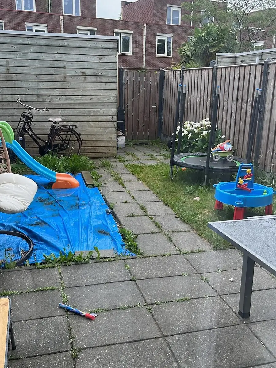 Achtertuin voor de verbouwing: oude betontegels met onkruid tussen de voegen