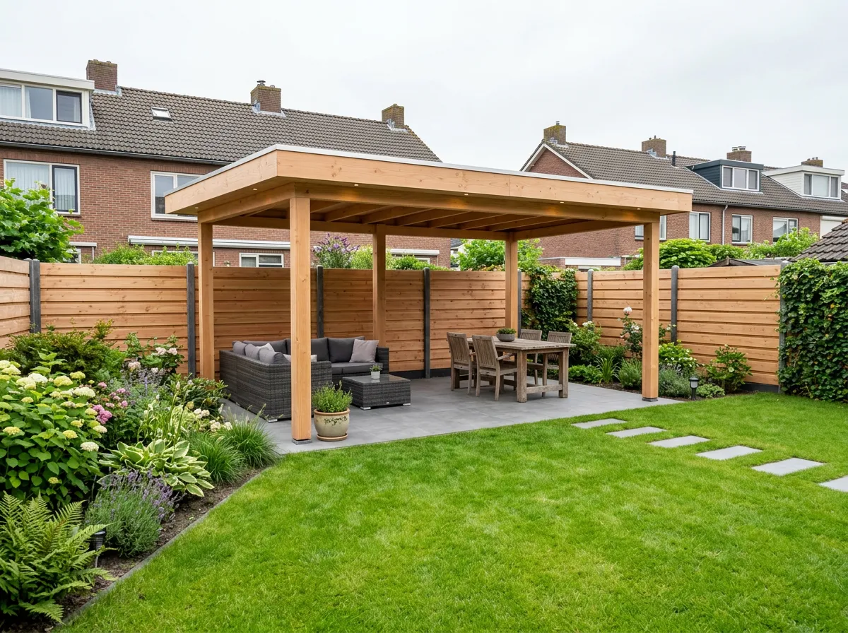 Voorbeeldtuin Biesbosch: tuin met douglas overkapping
