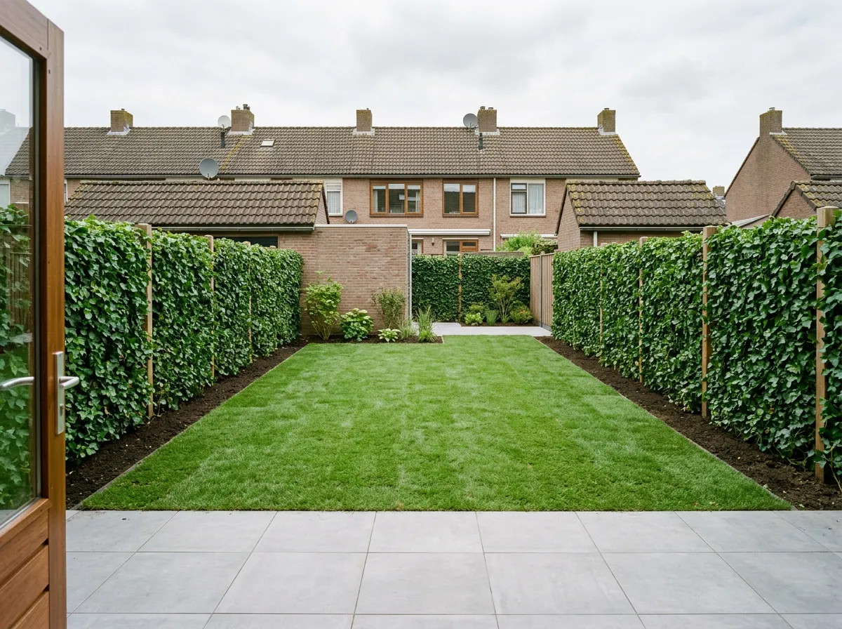 Voorbeeldtuin IJssel: groene gezinstuin met hedera