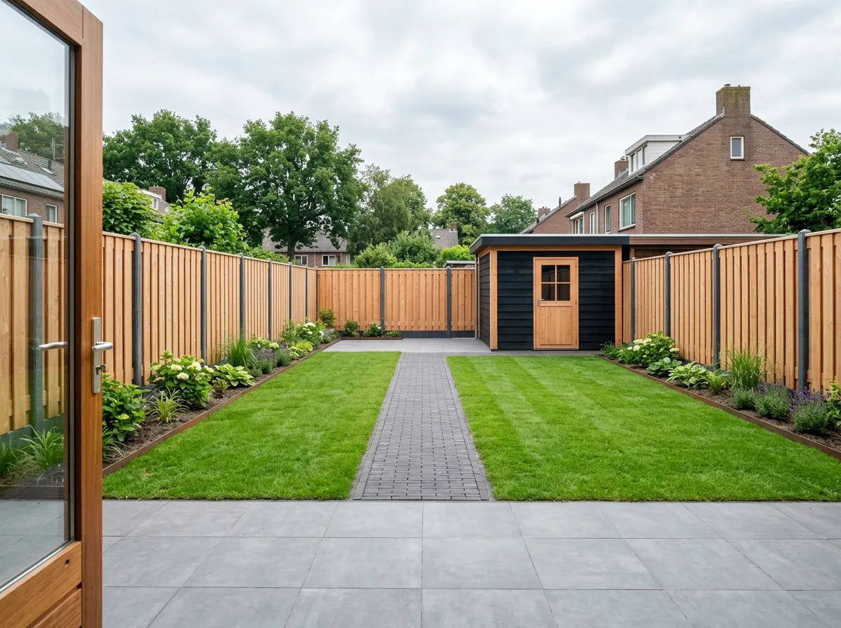 Voorbeeldtuin Mark: ruime tuin met tuinhuis en gazon