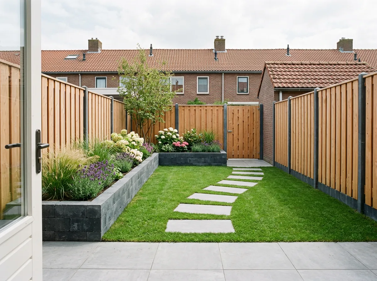 Voorbeeldtuin Wantij: tuin met bloembakken en stapstenen