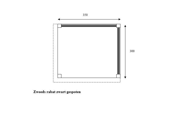 Plattegrond 350 × 300 cm: de zwarte wanden staan aan de achterkant (350 cm) en aan één zijkant (300 cm)