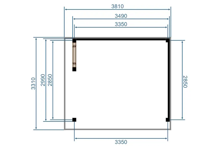 Plattegrond 350 × 300 cm met de maten in mm: zwarte wanden aan de achterkant (350 cm) en aan één zijkant (300 cm), de shutter aan de andere zijkant
