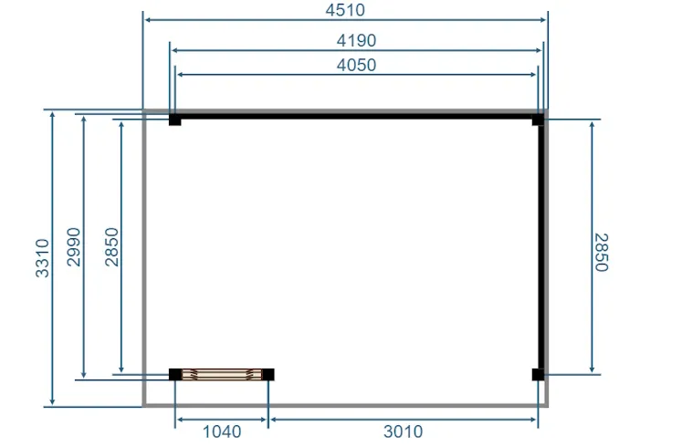 Plattegrond 420 × 300 cm met de maten in mm: wanden aan de achterkant en aan één zijkant, de shutter vooraan aan de andere zijkant, 5 staanders