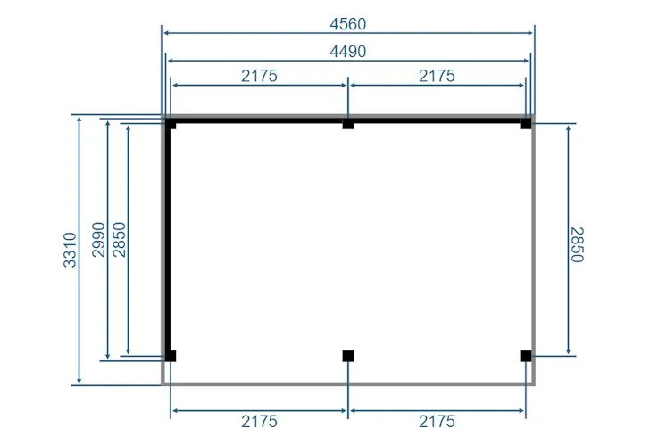 Plattegrond 450 × 300 cm met de maten in mm: de wanden staan aan de achterkant (450 cm) en aan één zijkant (300 cm), met 6 staanders