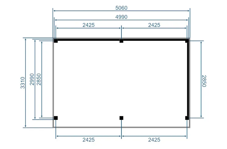 Plattegrond 500 × 300 cm met de maten in mm: de zwarte wanden staan aan de achterkant (500 cm) en aan één zijkant (300 cm), met 6 staanders