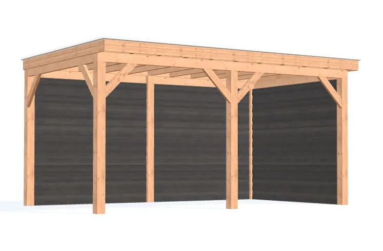 Tekening van de Douglas overkapping 500 × 300 cm met plat dak en twee wanden van zwart Zweeds rabat