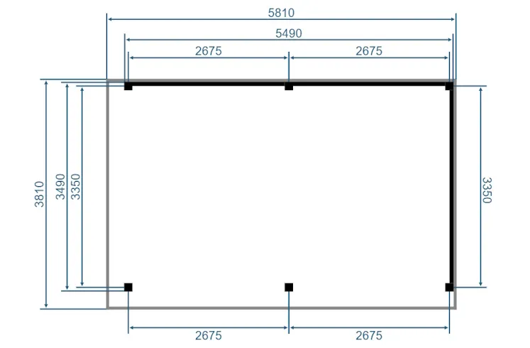 Plattegrond 550 × 350 cm met de maten in mm: wanden aan de achterkant (550 cm) en aan één zijkant (350 cm), met 6 staanders